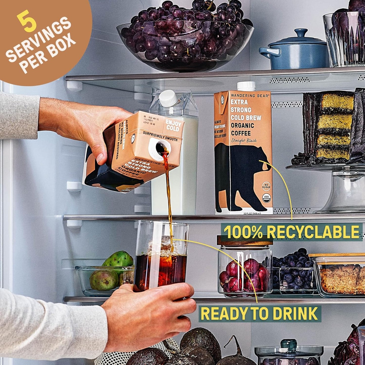 Wandering Bear Decaf Cold Brew Coffee, 32 fl oz, 6 pack - Extra Strong, Bold, Smooth, Unsweetened, Shelf-Stable, Ready to Drink, Iced Cold Brewed Coffee Drinks - Gluten Free & Vegan Decaf