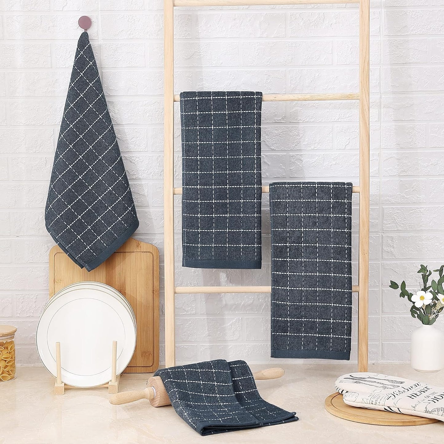 Homaxy 100% Cotton Terry Kitchen Towels(Dark Grey, 13 x 28 inches), Checkered Designed, Soft and Super Absorbent Dish Towels, 8 Pack