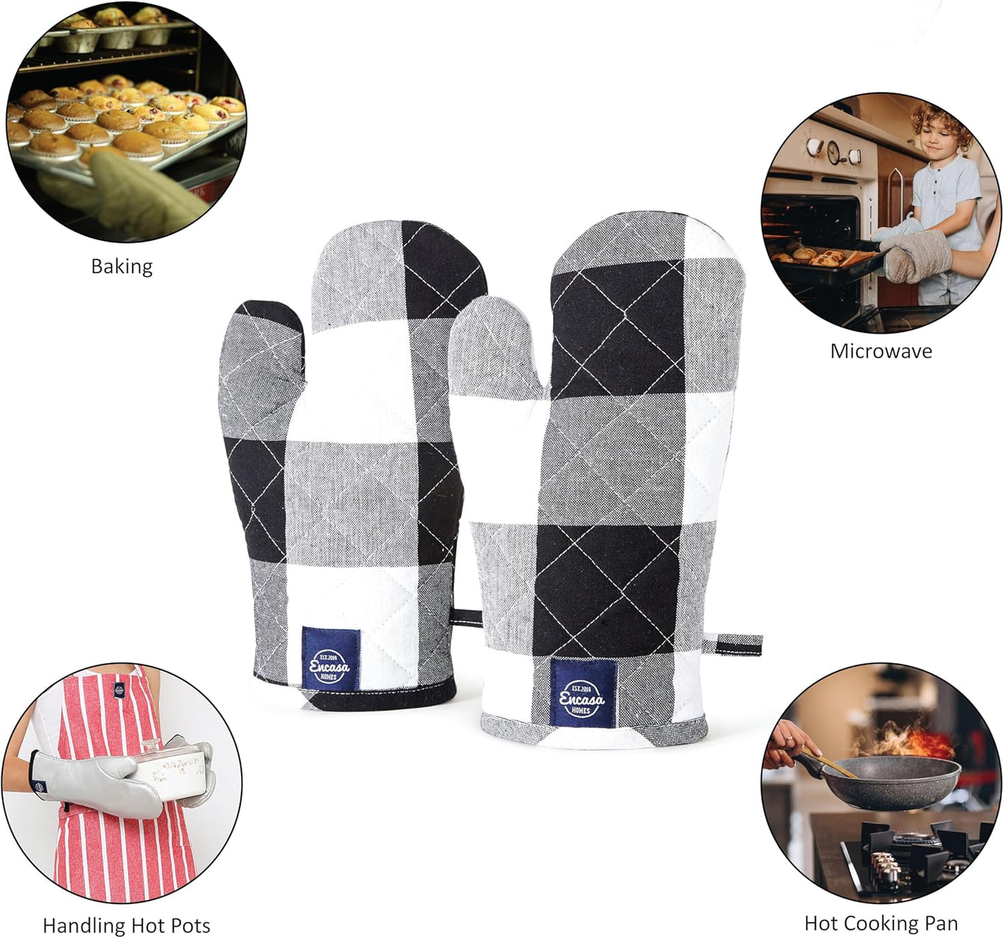 Encasa XO Long 12"x7" Oven Microwave Hand Gloves Mitts (2 pc Set) for Kitchen Cooking & Baking - Heat Resistant, Thick & Safe, Protection of Hands from Hot Utensils - Buffalo Black Checks