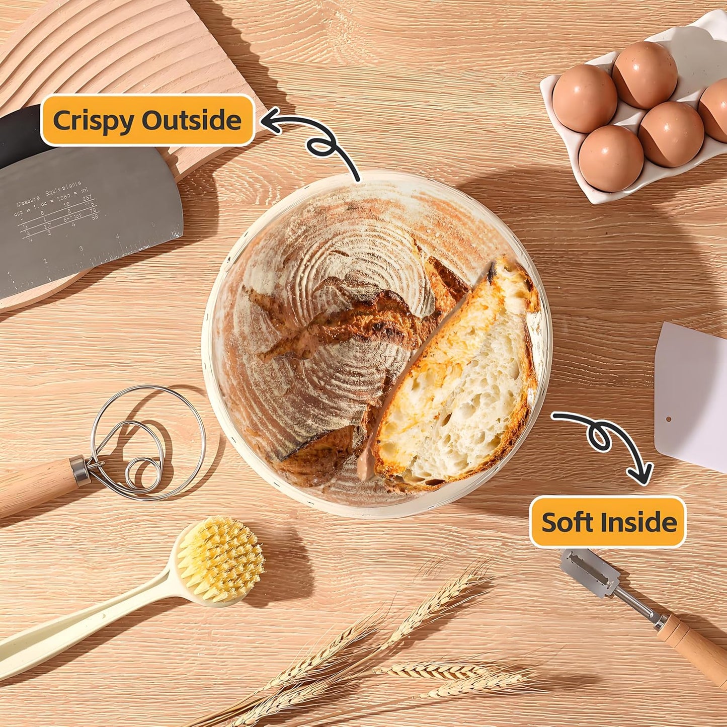 Sourdough Bread Baking Supplies, Sourdough Starter Kit, 9 Inch Round Banneton Basket with Cloth Liners, Dough Scrapers, Dough Whisk, Dough Cutter, Bread Lame for Making Baking Fermentation