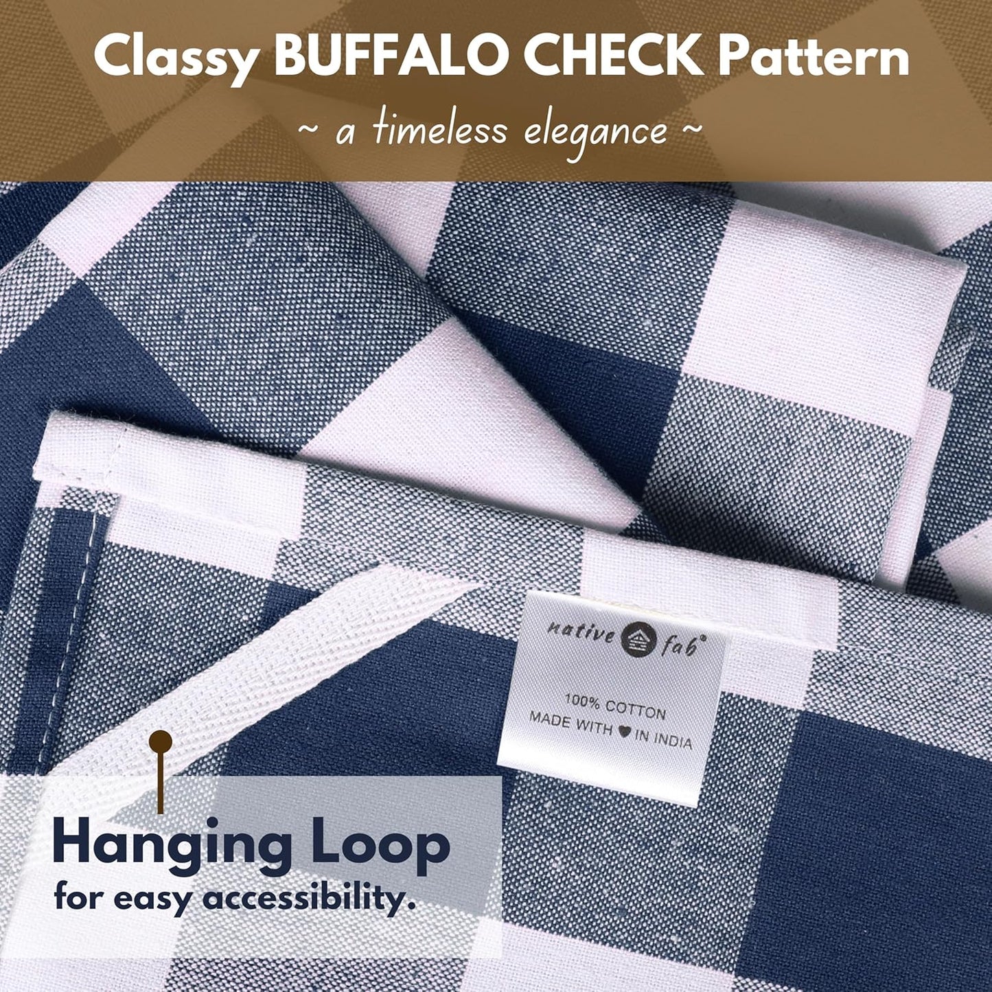 Native Fab 4-Pack Kitchen Towel with Hanging Loop 16x26 inches, Cotton Buffalo Check Kitchen Towels for Cleaning Drying, Washcloths Soft & Absorbent Cloth Rags, Bar Towel, Dish Cloth, Navy