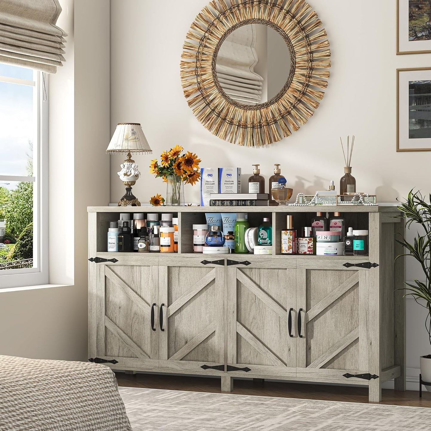 Buffet Cabinet with Storage Farmhouse with 4 Doors, 55'' Large Kitchen Storage Cabinet Wood Coffee Bar Buffet Sideboard for Kitchen, Dining Room, Entryway