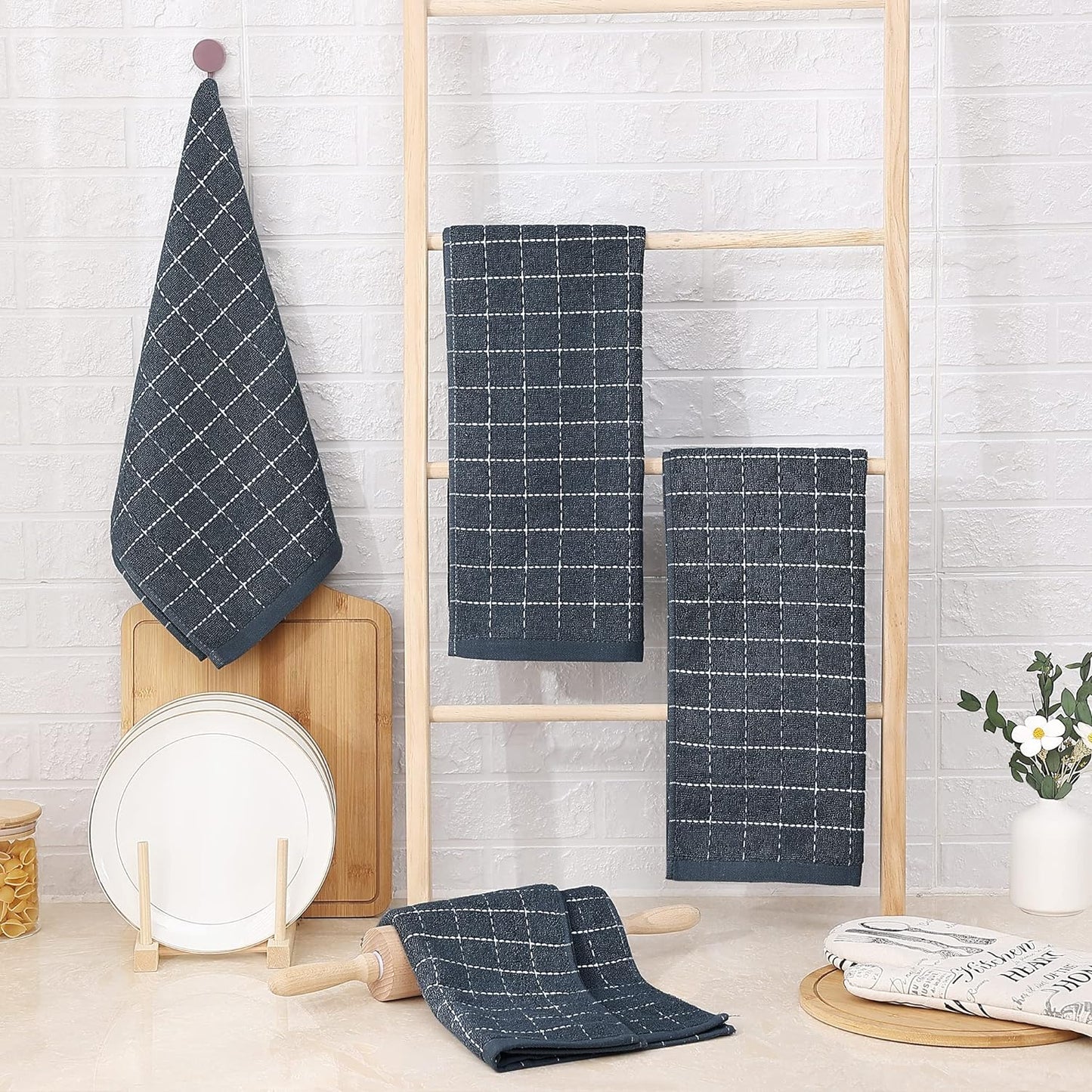 Homaxy 100% Cotton Terry Kitchen Towels(Dark Grey, 13 x 28 inches), Checkered Designed, Soft and Super Absorbent Dish Towels, 4 Pack