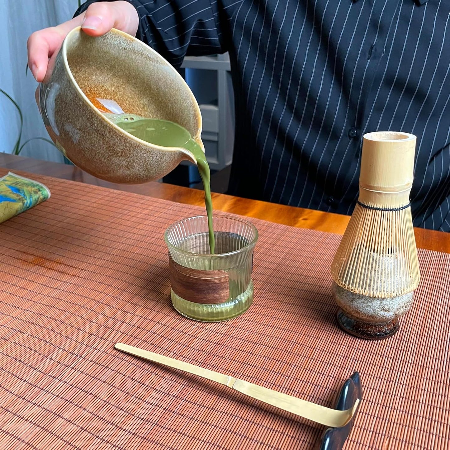 Matcha Tea Set (7pcs) - Matcha Whisk Set with Bowl, Whisk Holder, and Pouring Spout Bowl, Perfect Matcha Starter Kit for Tea Ceremony (Amber Sand)