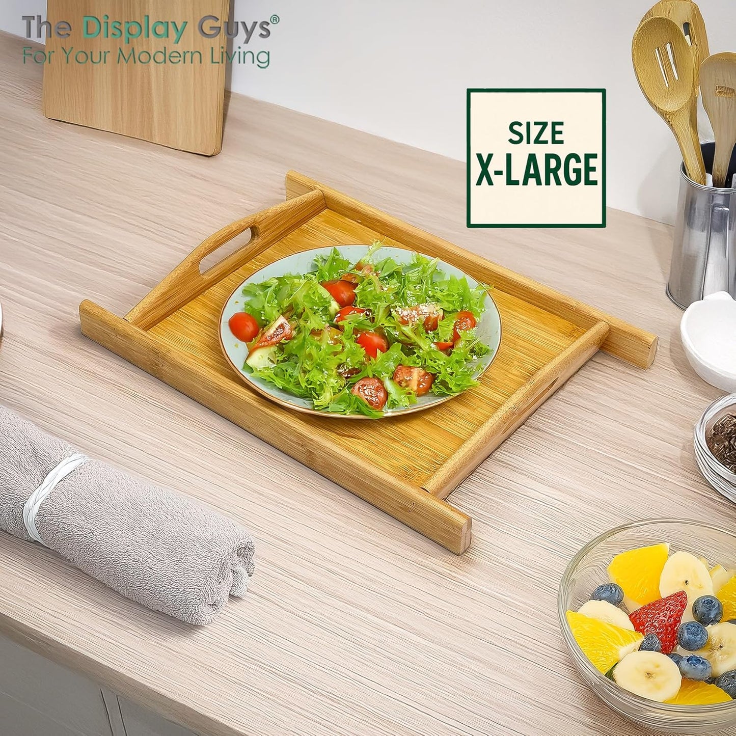 Natural Bamboo Serving Tray w/Handles (Large) - Decorative Platter for Food, Breakfast, Wooden Coffee Table, Ottoman, Couch, Picnic by The Display Guys