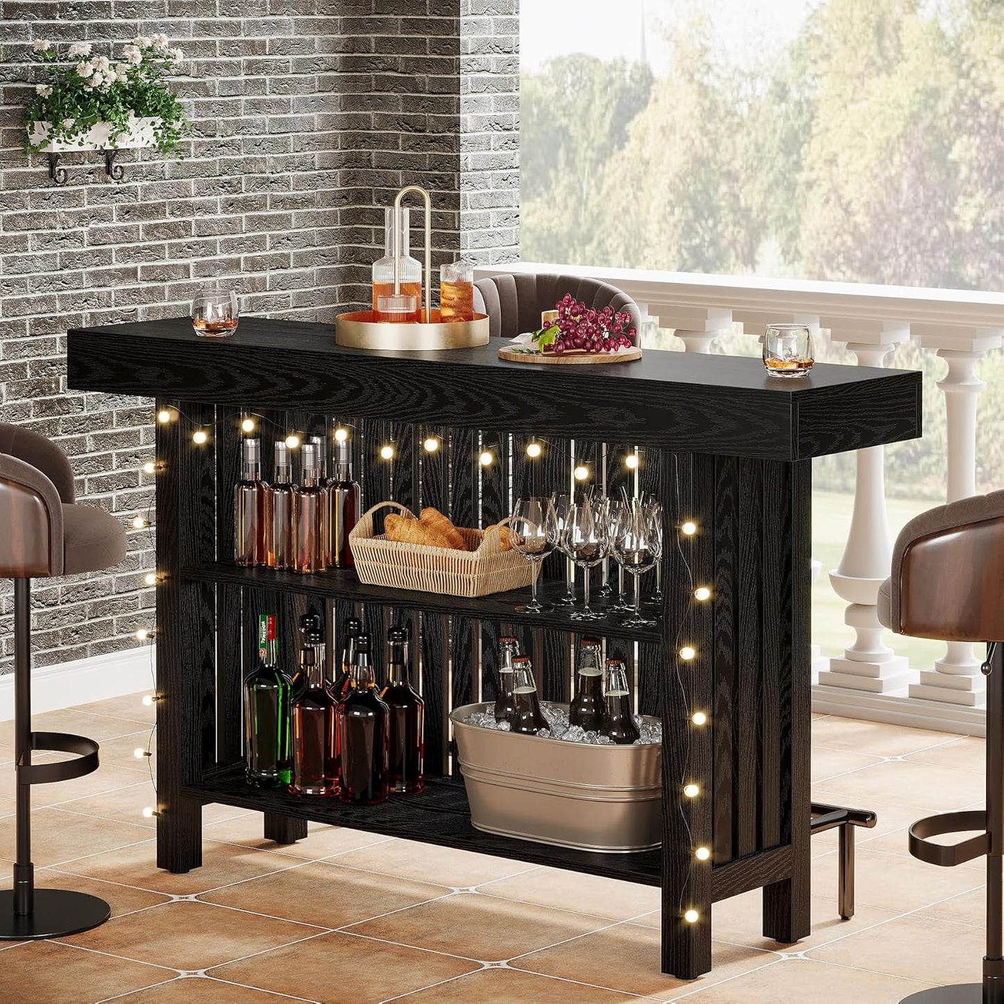 Tribesigns Black Large Home Bar Unit, 2-Tier Mini Bar Table Height Pub Table with Footrest, 63-Inch Modern Coffee Bar Cabinet for Home Kitchen, Bistro, Dining Room, Living Room