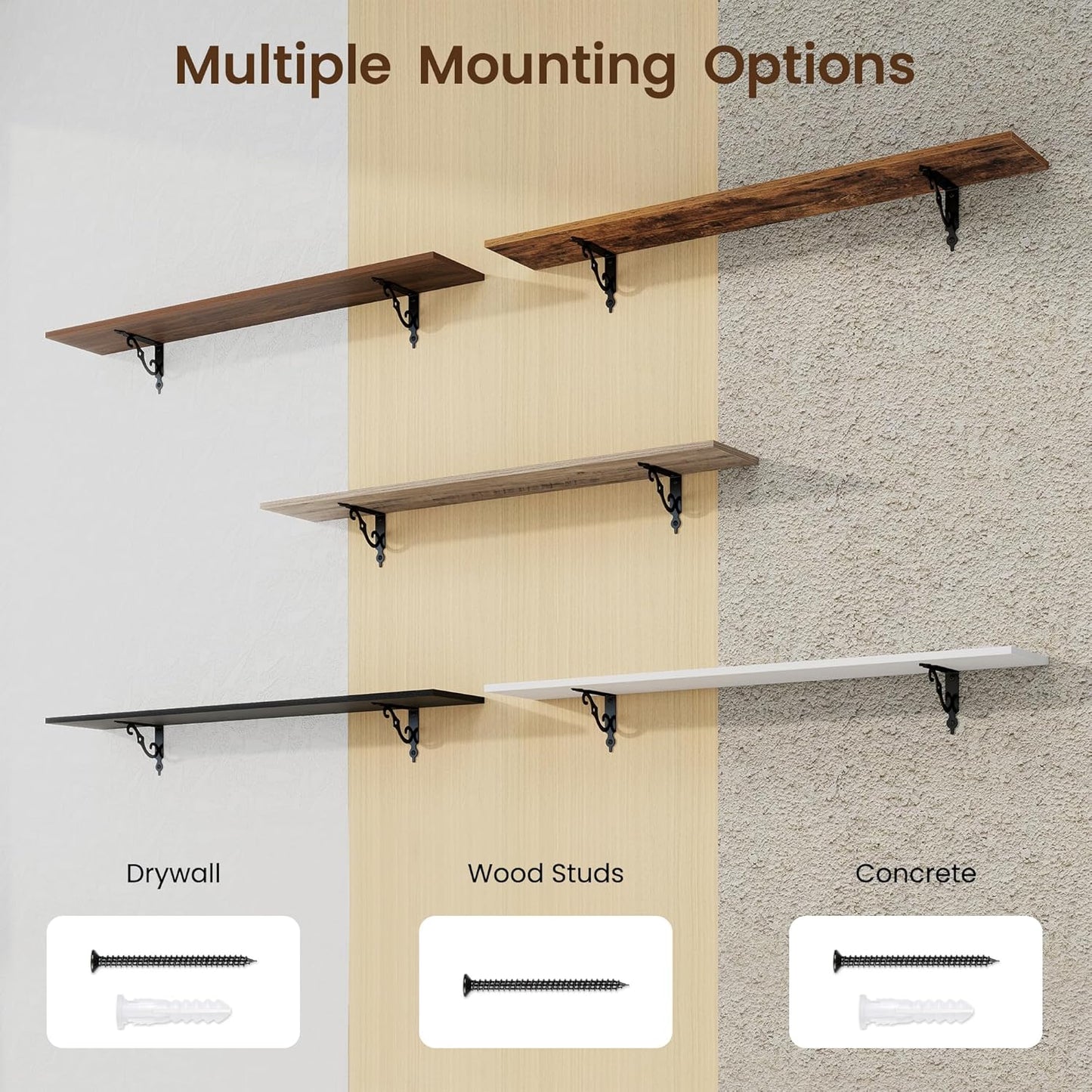 RICHFOCUS Floating Shelves for Wall Decor, 47.3W x 8D Shelves Set of 2, 8 Inch Deep Rustic Wood Shelves Wall Mounted with Brackets, Long Floating Shelves for Living Room Bedroom Kitchen, Grey