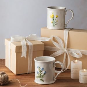 2 Pack Floral Ceramic Coffee Mugs - Yellow and Blue Flowers, Hand-Painted, Microwave & Dishwasher Safe, Ideal for Cappuccino, Tea, Hot Chocolate