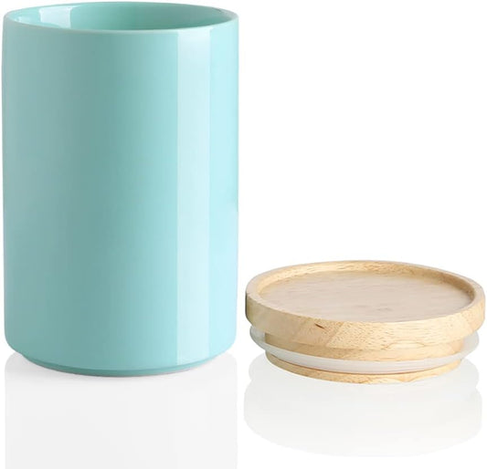 Sweejar Kitchen Canisters Ceramic Food Storage Jar, Stackable Containers with Airtight Seal Wooden Lid for Serving Ground Coffee, Tea, Sugar, Salt and More - 28 Fl Oz (Dark Turquoise)