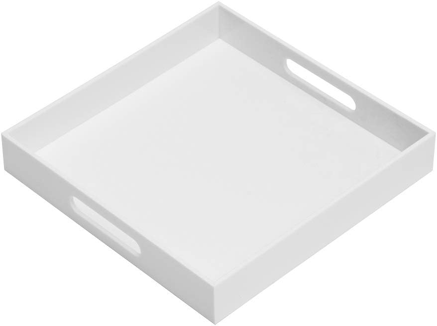 Glossy White Sturdy Acrylic Serving Tray with Handles-12x12Inch-Serving Coffee,Appetizer,Breakfast,Butler-Kitchen Countertop -Cosmetics Organizer-Vanity Table Tray-Ottoman Tray-Decorative