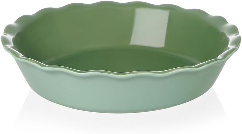 Sweejar Ceramic Pie Pan, 10 Inch Round Baking Dish, Non-Stick with Soft Wave Edge for Apple, Pumpkin, Pot Pies (Green)