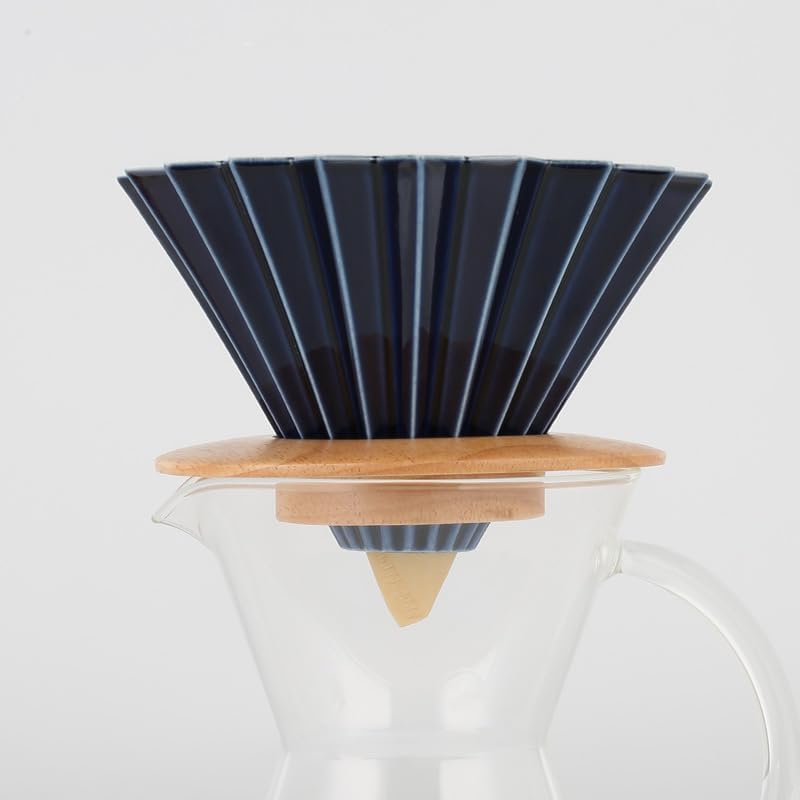 Ceramic Coffee Dripper Pour Over Coffee Maker with Wood Stand Elegant Flower Shape V60 Filter (white)