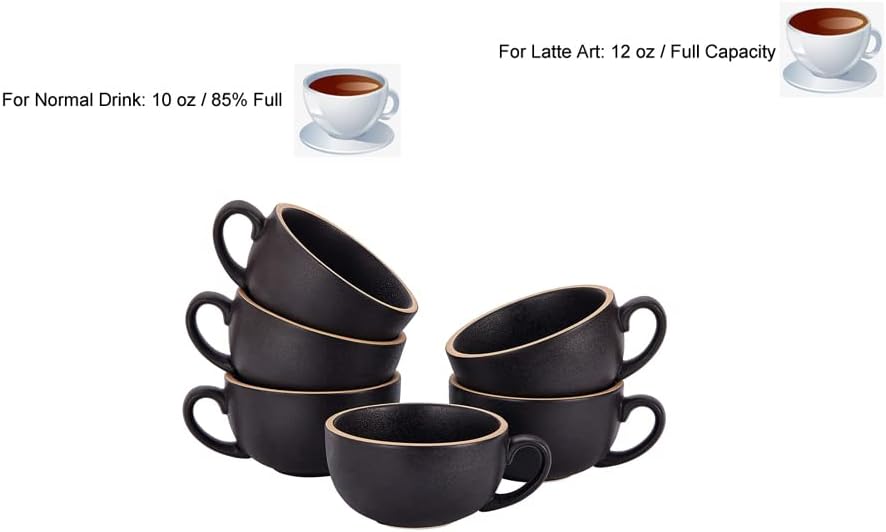 Set of 6 Cups Vintage Design 12 oz Professional Barista Ceramic Latte Art Cappuccino Cups Set (Rough Black * 6)