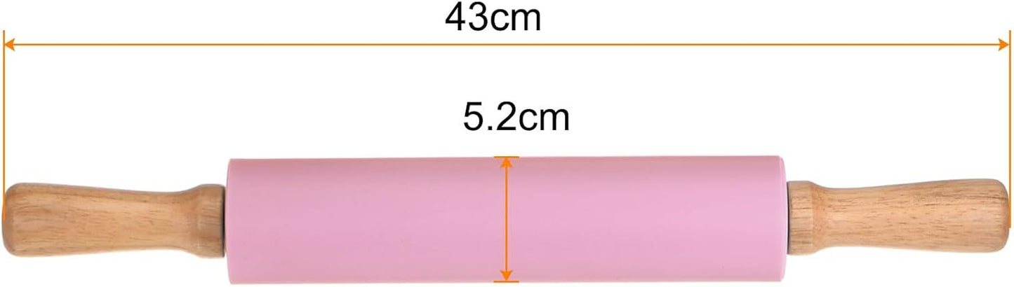 HARFINGTON Silicone Rolling Pins for Baking 17 Inch Wooden Handle Non Stick Rolling Pin Small Roller Play Dough Rolling Pins for Dough Pizza Pastry Fondant Kitchen Baking, Pink