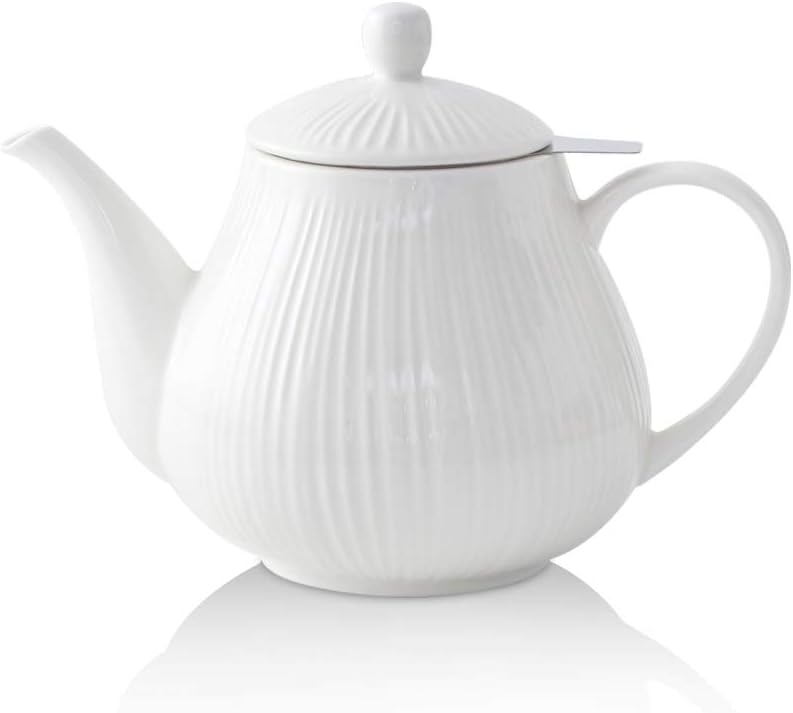 KOOV Ceramic Teapot with Infuser, 40 ounce Tea Pot with Infuser for Loose Tea, Large Enough For 6 Cups, Tea Kettles, Non-Electric (Cream)