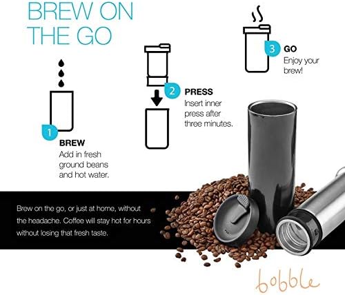 bobble French Coffee Presse, On-The-Go use, Quick Brew, Slim Design, Triple Wall Insulation, 14 oz (Stainless Steel)