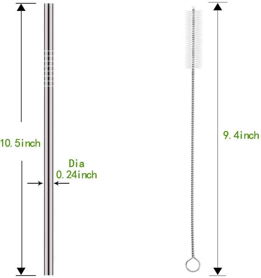 Set of 10 Stainless Steel Straws, HuaQi Straight Reusable Drinking Straws 10.5'' Long 0.24‘’ Dia for 30 oz Tumbler and 20 oz Tumbler, 2 Cleaning Brush Included (10 Straight Straw + 2 Brushes）