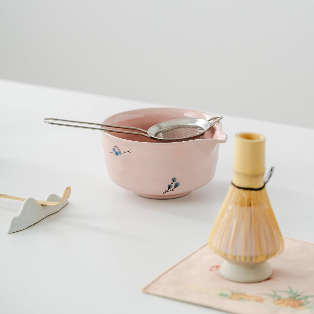 matcha whisk set,matcha set, including matcha bowl, matcha whisk and stand, sieve, spoon, cloth mat, gift for matcha lovers (pink)