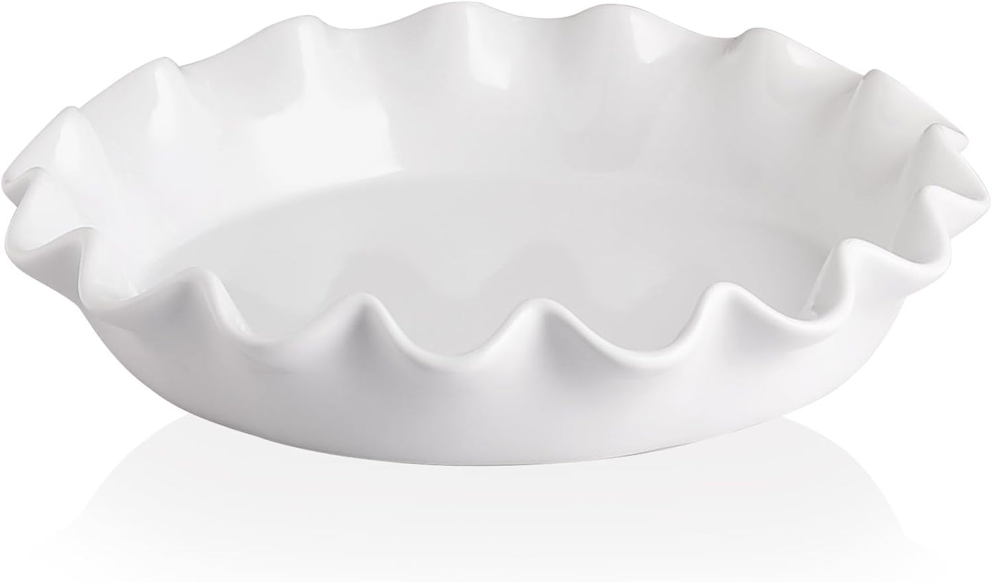 Sweejar Ceramic 11.5 Inches Pie Pan for Baking, Deep and Fluted Porcelain Round Pie Dish, Non-Stick Pie Plate for Pumpkin Pie, Apple Pie, Pie Pots with Morden Farmhouse Design(White)