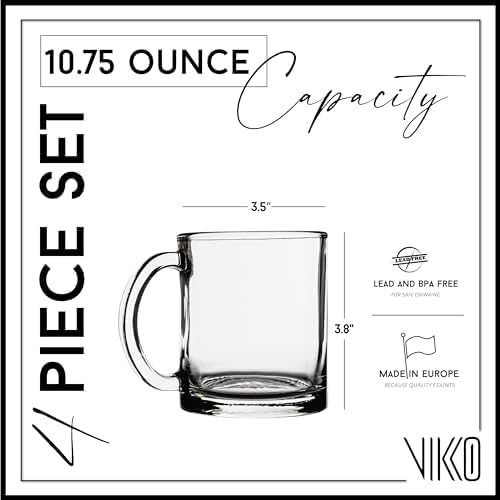 Vikko Glass Coffee Mugs, 10.75 Ounce Clear, Set of 4, Microwave & Dishwasher Safe