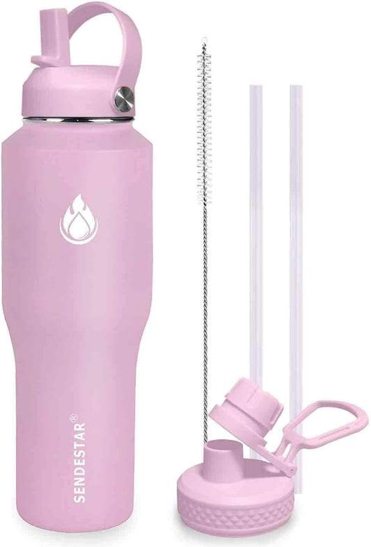 SENDESTAR 32oz Water Bottle Wide Mouth Stainless Steel Vacuum Insulated Double Wall with 2 Straw Lids Fit in Any Car Cup Holder TXIN-32-PH-1