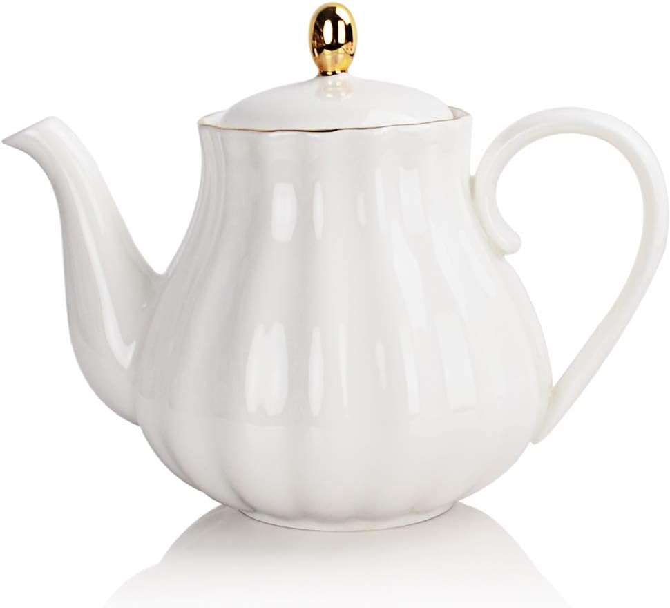 Sweejar Royal Teapot, Ceramic Tea Pot with Removable Stainless Steel Infuser, Blooming & Loose Leaf Teapot - 28 Ounce(White)