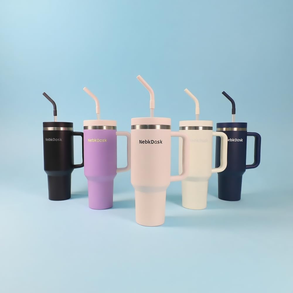 40 oz Water Bottle with Handle & Straw – Insulated Stainless Steel Bottle, Leakproof, Fits in Cup Holder – Reusable Cold Drink Thermos for Women & Men (Purple)