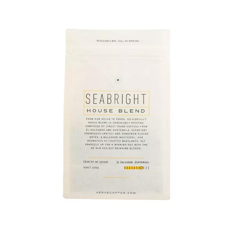 Verve Coffee Roasters Whole Bean Coffee Seabright House Blend | Medium Roast, Brewed or French Press, Direct Trade, Resealable Pouch | Enjoy Hot or Cold Brew | 12oz Bag