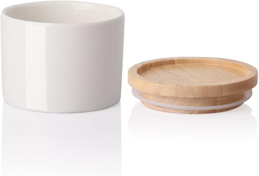 Sweejar Kitchen Canisters Ceramic Food Storage Jar, Stackable Containers with Airtight Seal Wooden Lid for Serving Ground Coffee, Tea, Sugar, Spice and More - 5 Fl Oz(White)