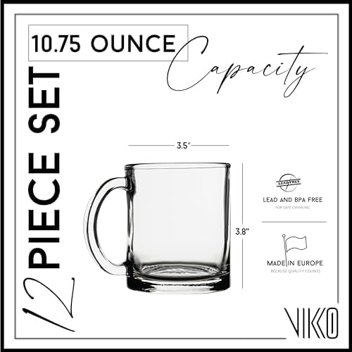 Vikko 10.75 Ounce Clear Glass Coffee Mugs - Set of 12, Microwave and Dishwasher Safe