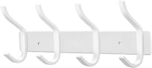 White Wall Hooks Heavy Duty, 12 Inch Coat Hooks Wall Mount with 4 Hooks, Wall Hooks Hangers for Entryway, Bathroom - for Hanging Backpack, Bag, Coat, Purse, Hat, Towel, Clothes