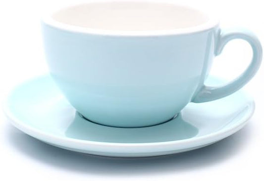 Double Espresso Coffee Cup and Saucer Free Pour Coffee or Small Cappuccino, New Bone China for Coffee Shop and Barista (Glossy Light Blue, 5 oz)