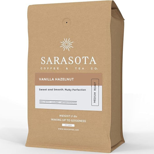 Sarasota Coffee Whole Bean Vanilla Hazelnut | Medium Roast Gourmet Flavored Coffee Beans | Low Acid, Mold Free, Specialty Grade Bulk Beans | 5lb (80 oz)