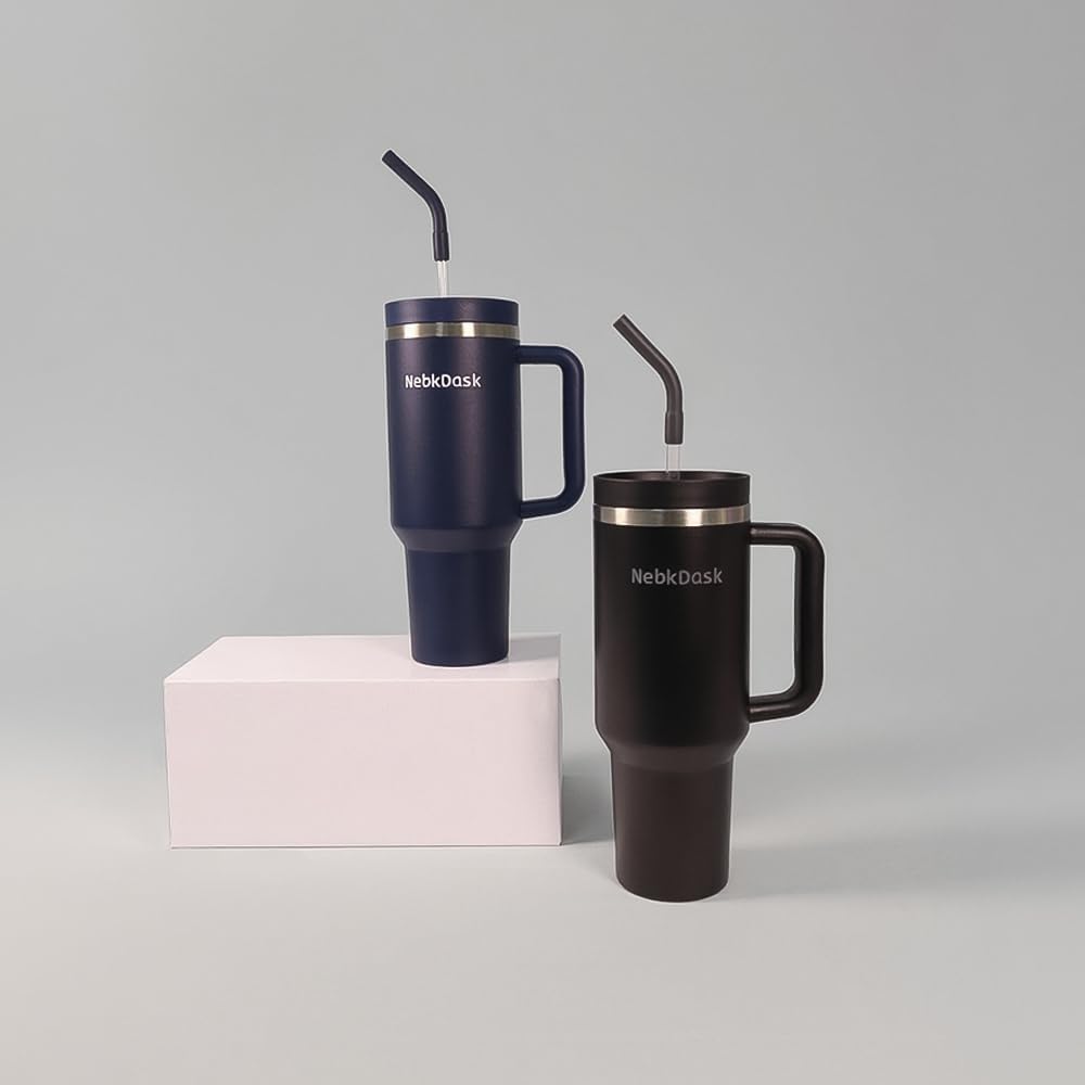 40 oz Water Bottle with Handle & Straw – Insulated Stainless Steel Bottle, Leakproof, Fits in Cup Holder – Reusable Cold Drink Thermos for Women & Men (Black)