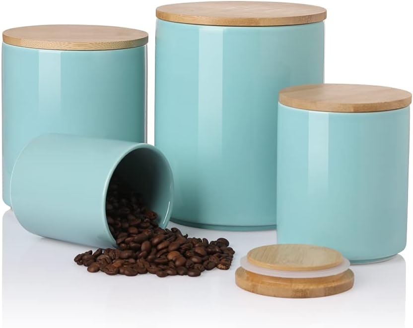 Sweejar Kitchen Canisters Ceramic Food Storage Jar Set, Stackable Containers with Airtight Seal Bamboo Lid for Serving Ground Coffee, Tea,Grains, Herbs,Sugar, Salt and More - Pack of 4（Turquoise）