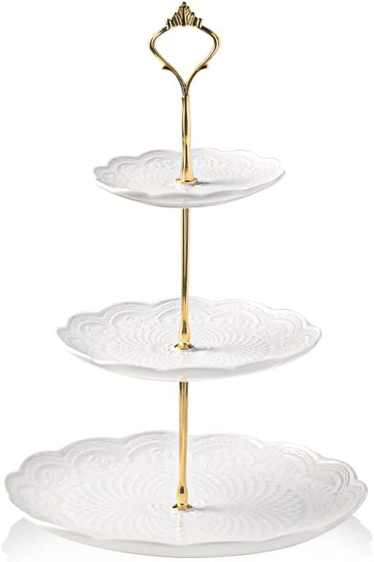 Sweejar 3 Tier Ceramic Cake Stand Wedding, Dessert Cupcake Stand for Tea Party Serving Platter(Rose White)