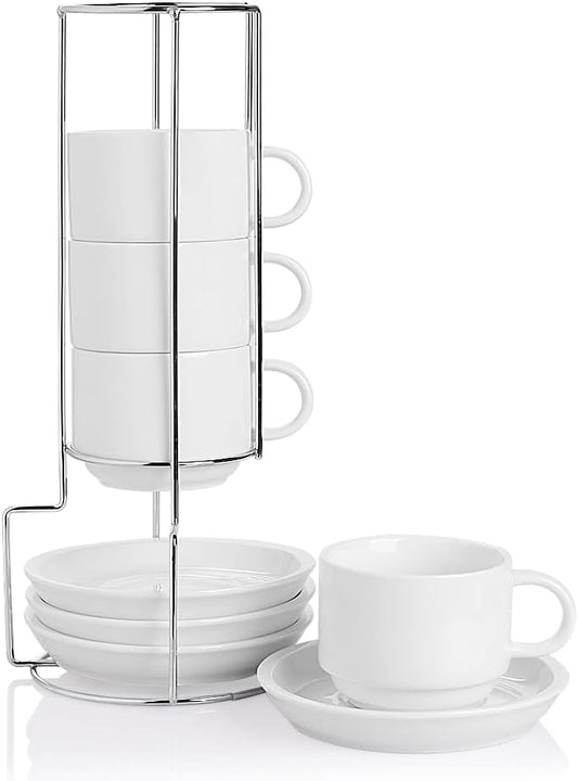 Sweejar Porcelain Cappuccino Cups with Saucers and Metal Stand, 8 Ounce Stackable Espresso Cups for Specialty Coffee Drinks, Latte, Americano, Tea - Set of 4 (White)