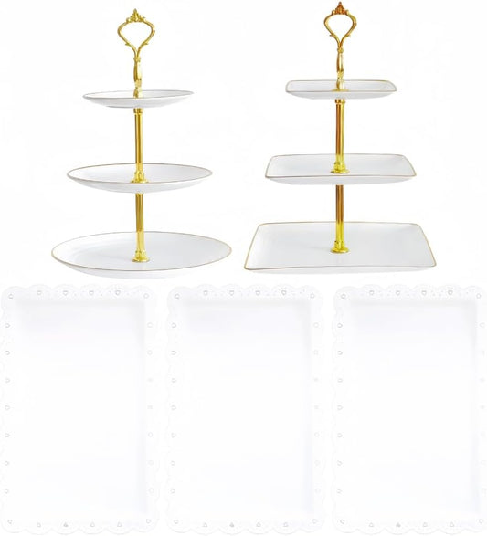RAUVOLFIA 5 Pcs Dessert Table Stand Set - 2 X 3 Tier Plastic Cupcake Display Stands Cookie Tray Rack Serving Tower & 3 Pcs Trays for Wedding Baby Shower Tea Party