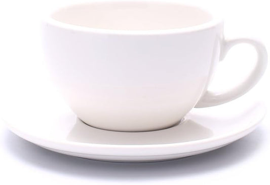 Latte Art Ceramic Cup and Saucer Cappuccino Fine Porcelain, Mate for Coffee Shop and Barista (Glossy White, 10.5 oz)
