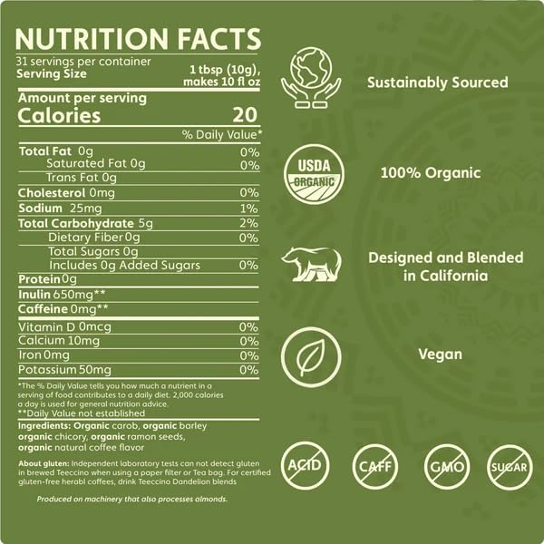 Teeccino French Roast Chicory Coffee Alternative - Ground Herbal Coffee That’s Prebiotic, Caffeine-Free & Acid Free, Dark Roast, 1.1 Pound