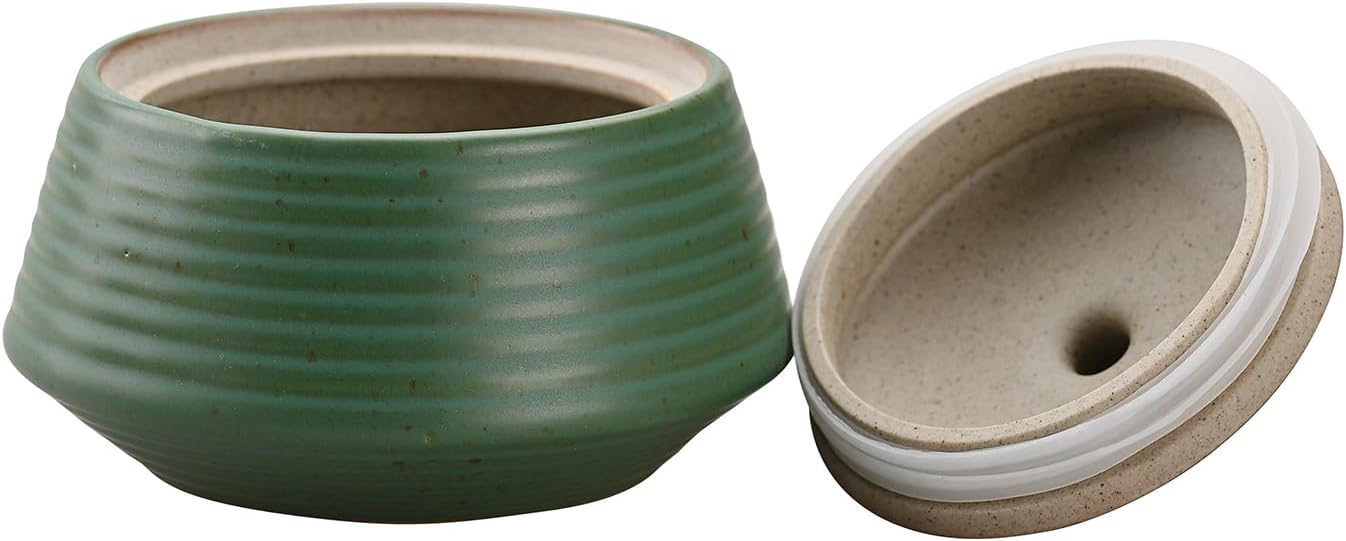 Retro Kitchen Canisters Ceramic Food Storage Jar Roud Shape with Silicone Airtight Lid for Tea, Coffee, Nuts, Herb, Spice, Sugar (Low Green)