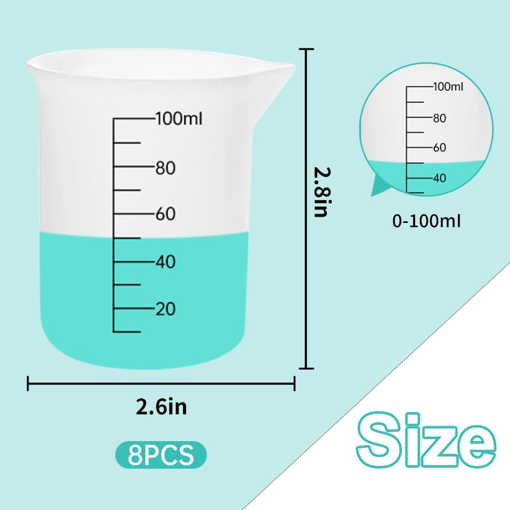 8 PCS Silicone Measuring Cups Kits,Silicone Measuring Cup,100ml Non-Stick Mixing Cups,Precise Scale,Durable Easy Clean for Epoxy Resin,Stain Jewelry Making,Casting Molds, Waxing,DIY, Art,Craft