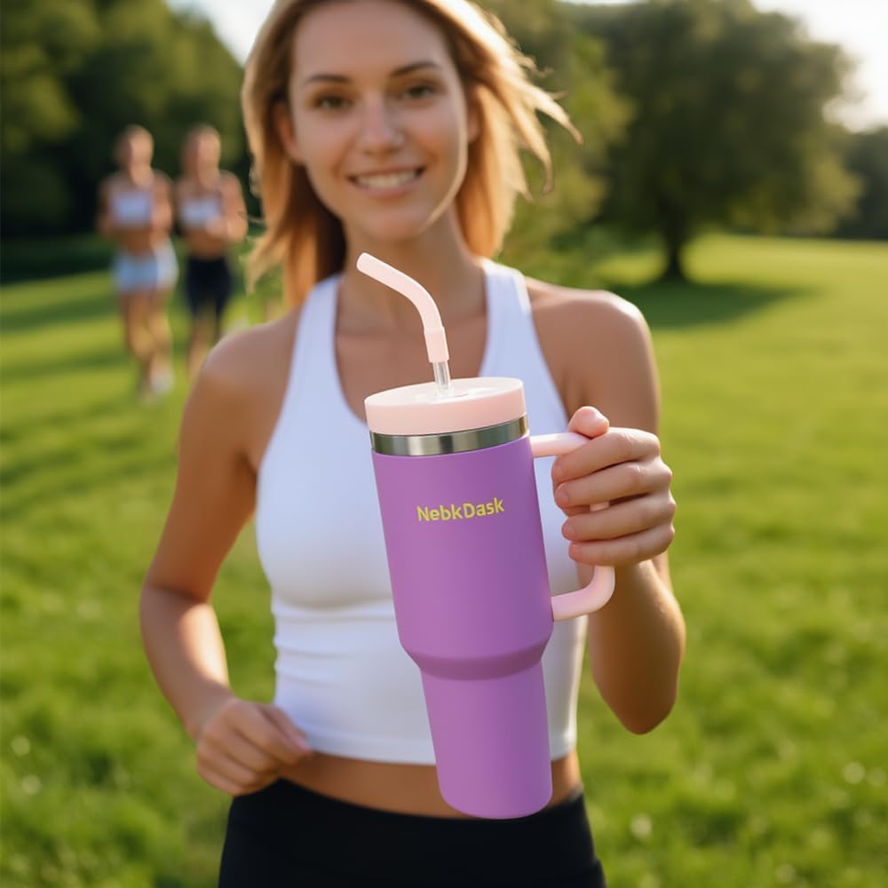 40 oz Water Bottle with Handle & Straw – Insulated Stainless Steel Bottle, Leakproof, Fits in Cup Holder – Reusable Cold Drink Thermos for Women & Men (Blue)