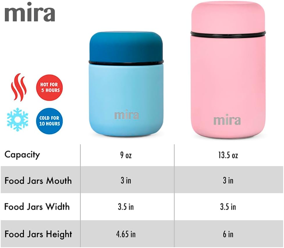 MIRA 2 Pack Insulated Food Jar Thermos for Hot Food & Soup, Compact Stainless Steel Vacuum Lunch Container, 13.5 oz, Pearl Blue, Olive Green