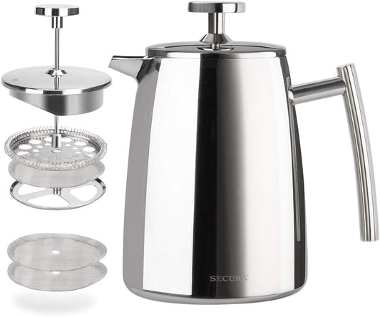 Secura French Press Coffee Maker, 17-Ounce, 304 Stainless Steel Insulated Coffee Press with Extra Screen