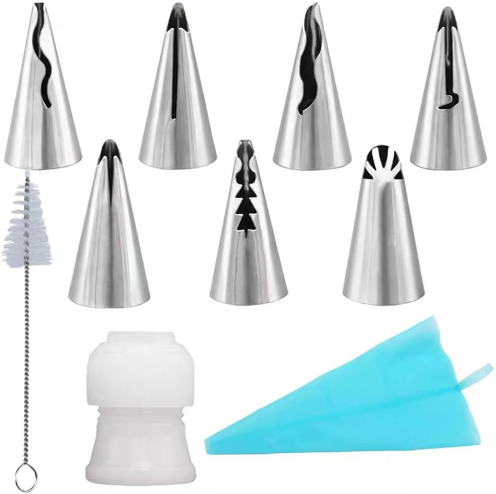10pcs Cake Decorating Icing Piping Tip Set, Pleated Skirt PipingNozzles Set Ruffle Piping Tips Stainless Steel Frosting TipsDecorating Tips for Cake Cupcakes Cookies with A Cleaning Brush(10pcs)