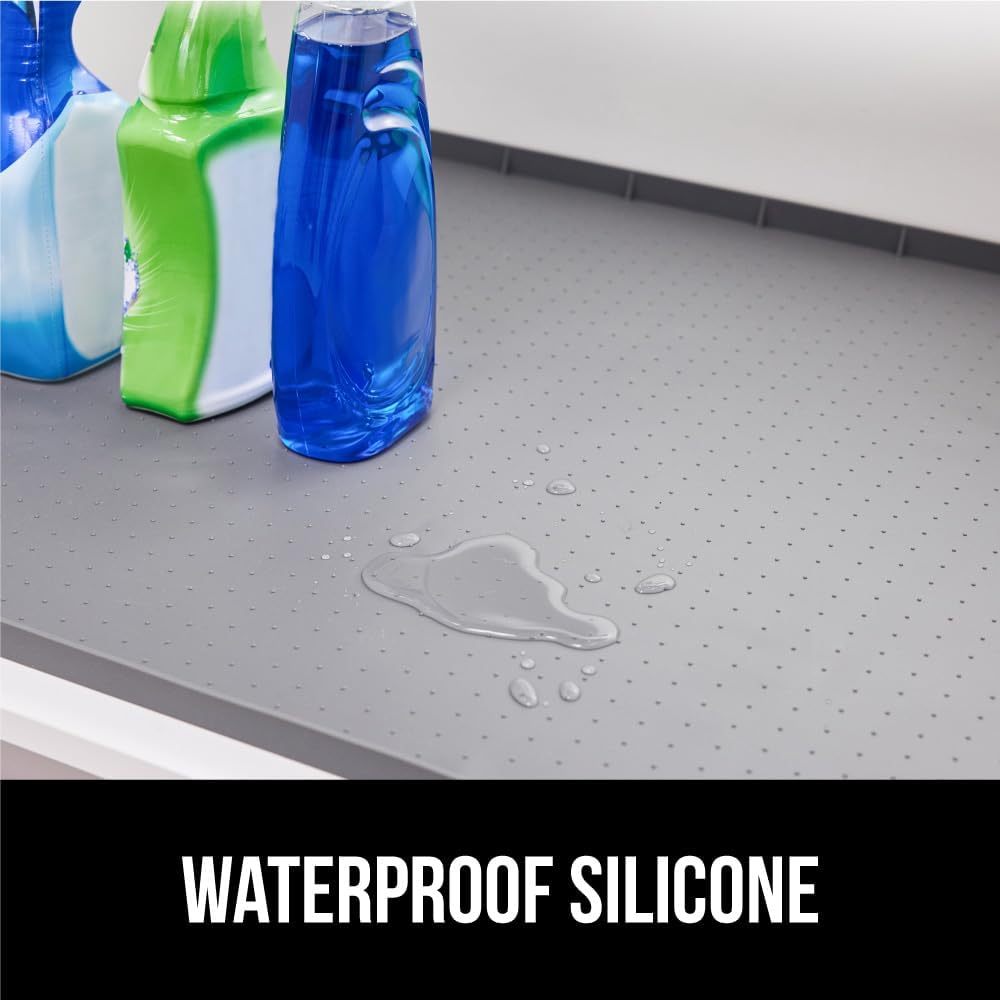 GORILLA GRIP Waterproof Silicone Under Sink Mat with Raised Lip for Kitchen and Bathroom, 46 x 22 in, Cabinet Shelf Liner Stay in Place Mats Dishwasher Safe Drawer Liner, Organizer Tray, Gray