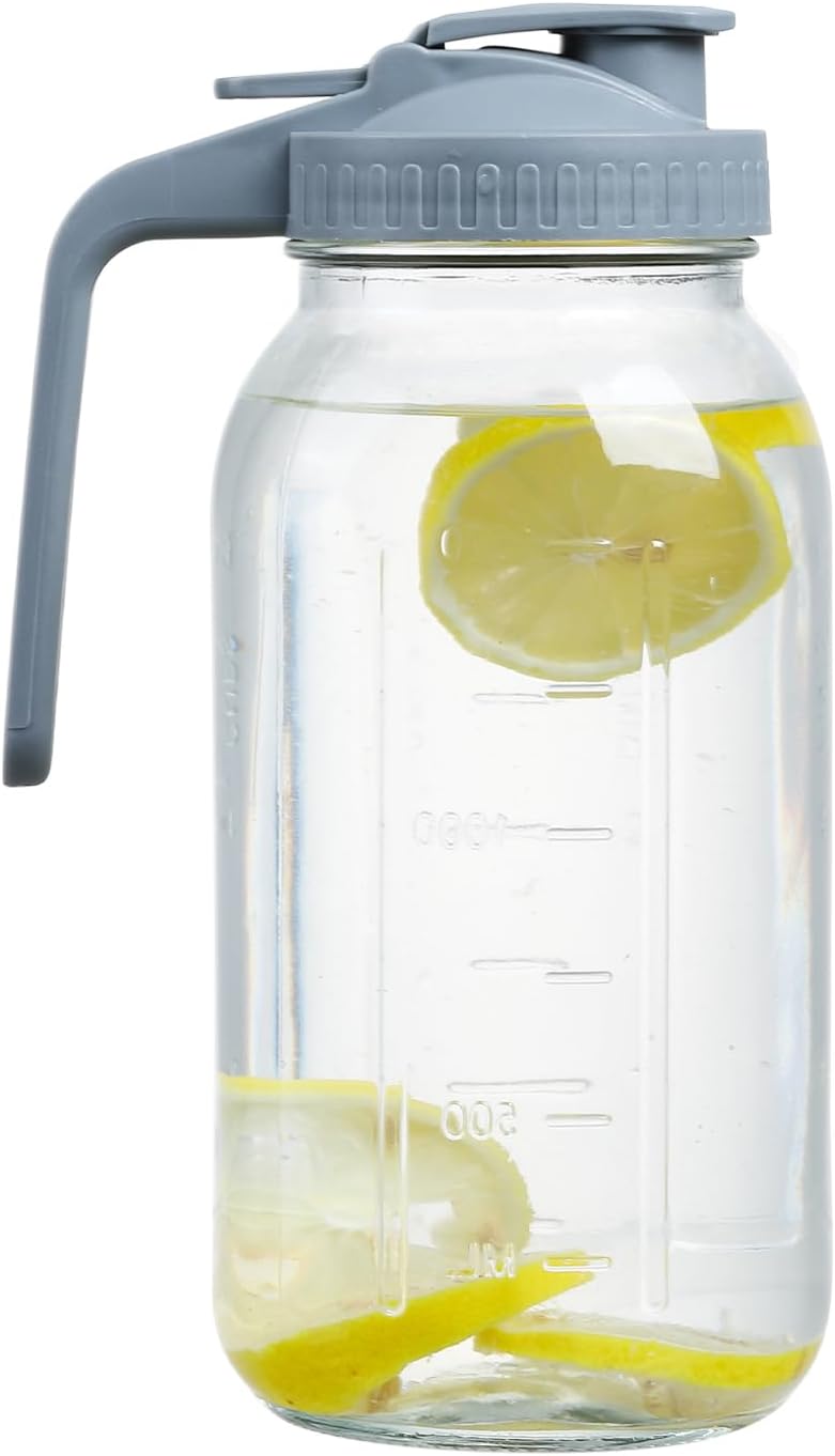 Glass Mason Jar Pitcher with Pour Spout Handle Lid, Breast Milk Pitcher Jug for Ice Tea, Cold Brew Coffee, Fridge Water, Juices, Leak Proof Storage Container