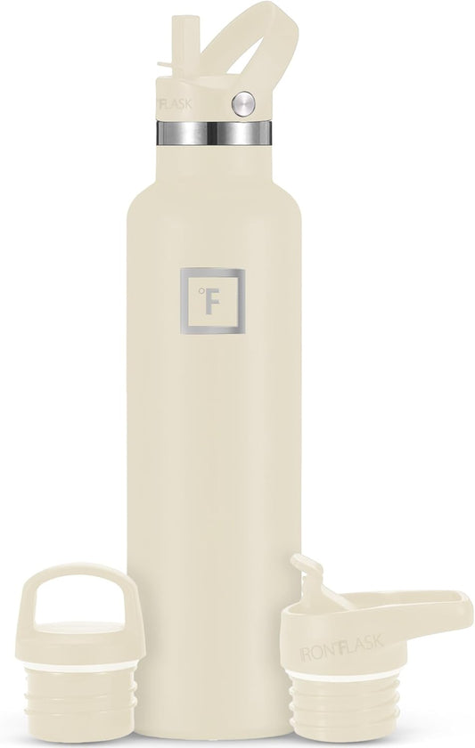 IRON °FLASK Camping & Hiking Hydration Canteens - 3 Lids (Narrow Straw Lid) Leak Proof Vacuum Insulated Stainless Steel - Hot & Cold Double Walled Sports Water Bottle - Cashmere Cream, 24 Oz