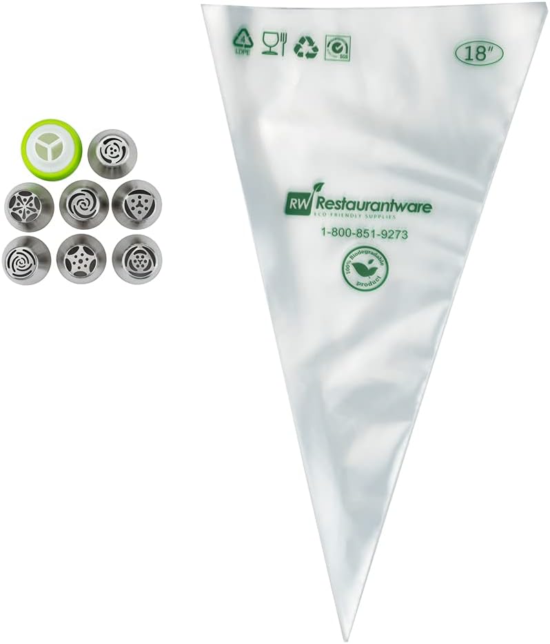 Restaurantware Pastry Tek Russian Piping Tips Set 18 Piece Durable Cake Decorating Kit - 7 Piping Tips 10 Piping Bags Stainless Steel Piping Bags And Tips Set 1 Tri-Color Coupler